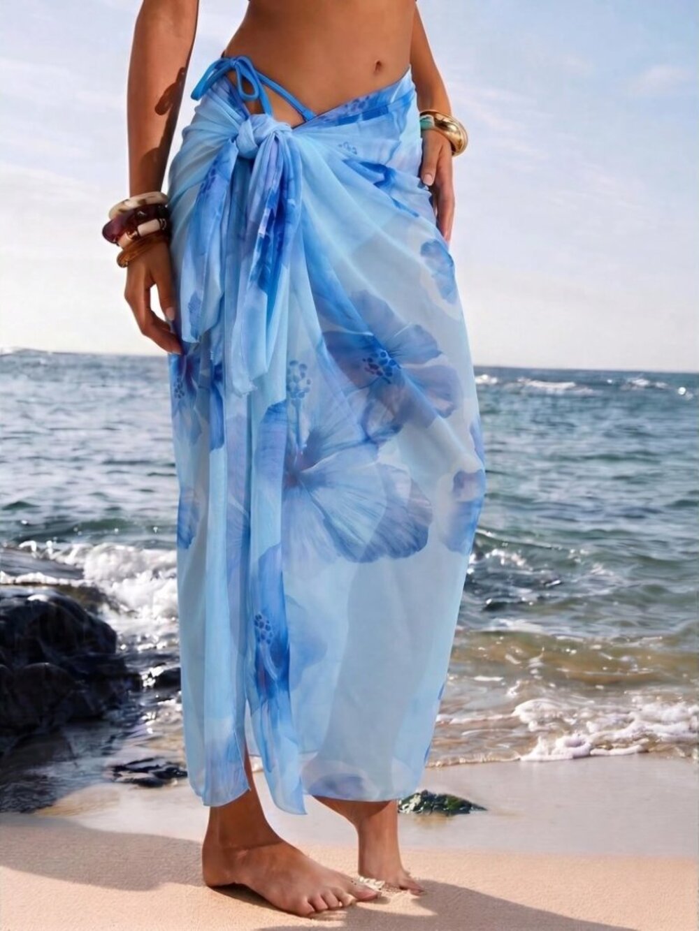 Sky Blue Floral Sheer Chiffon Beach Sarong Wrap Cover Up